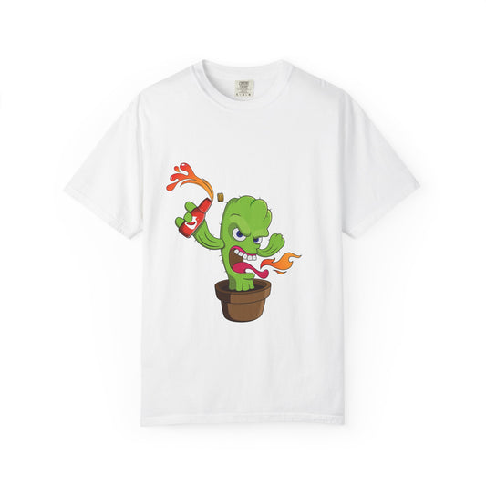 Fiery Cactus Cartoon T-Shirt – Hot Sauce Squeeze Plant Tee