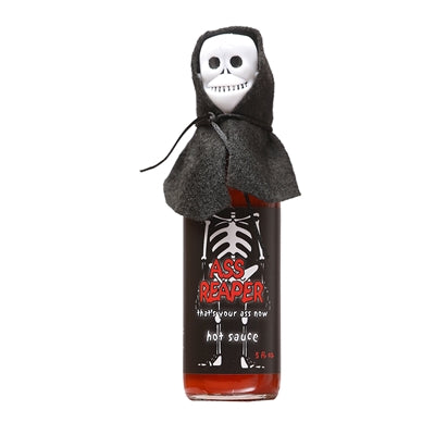 Ass Reaper Hot Sauce with skull cap & cape